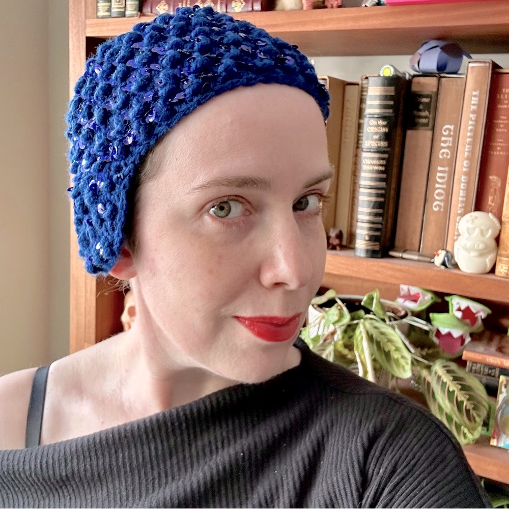 Vintage royal blue knit beaded ear warmer hat